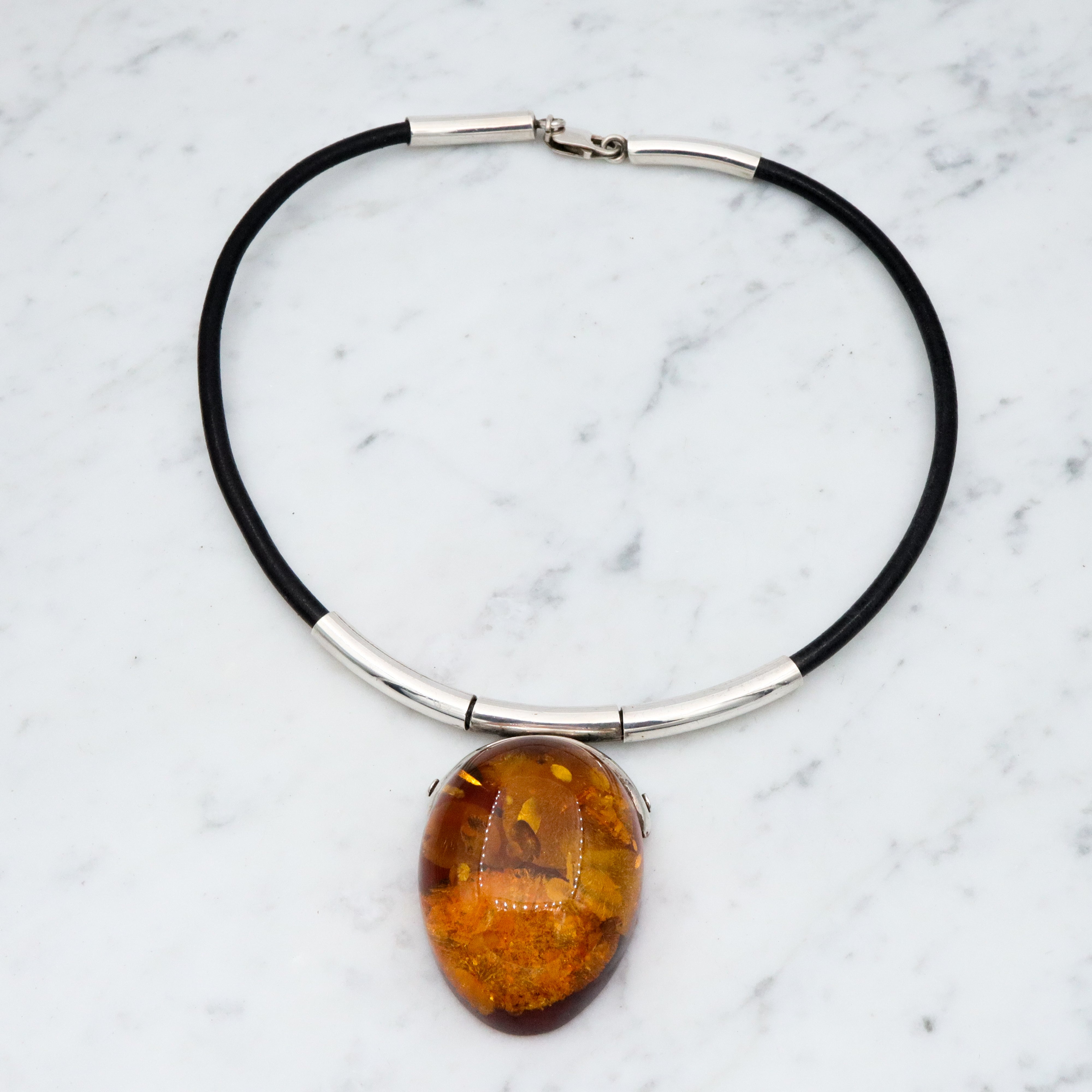 Massive retro amber sterling pendant necklace on leather cord